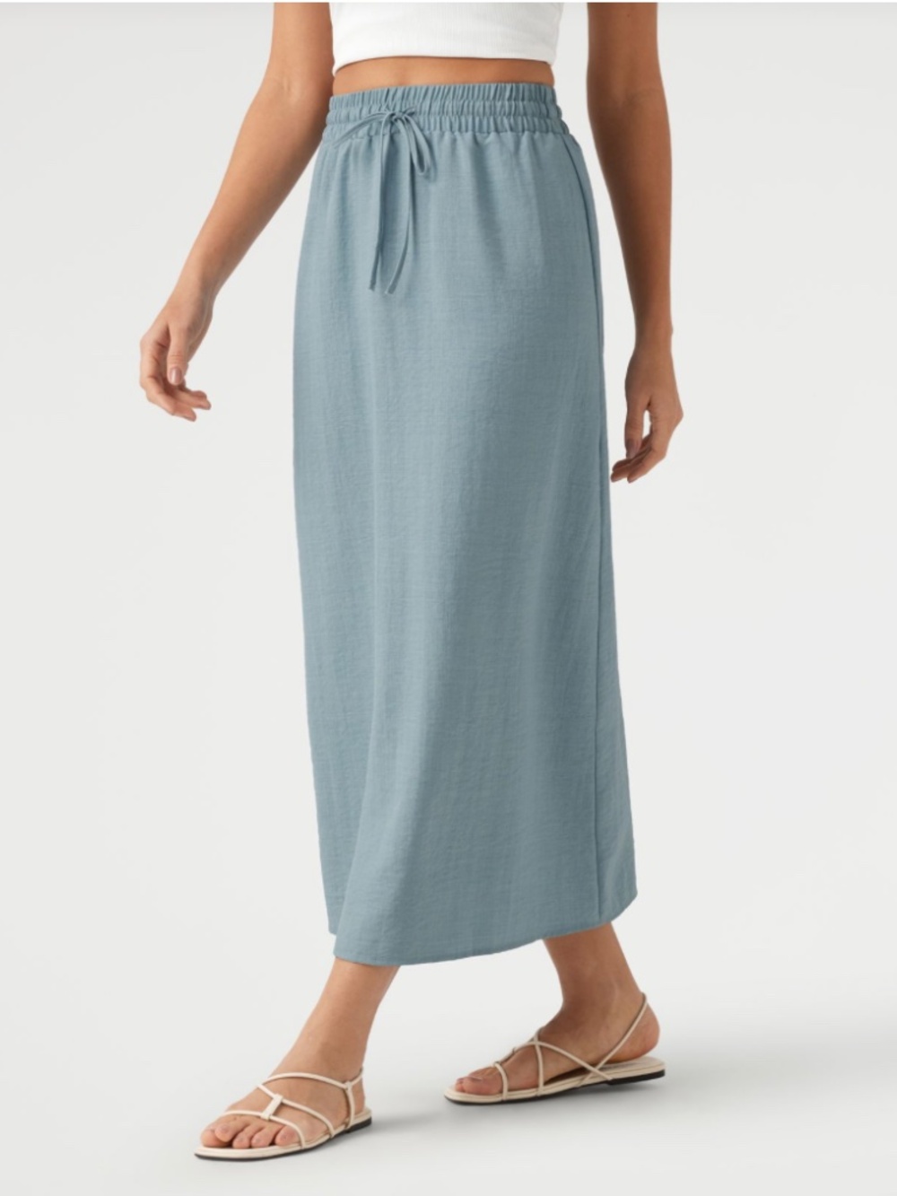 New Halara High Waisted Drawstring Maxi Linen-Feel Casual Skirt cyan blue large - Picture 2 of 5